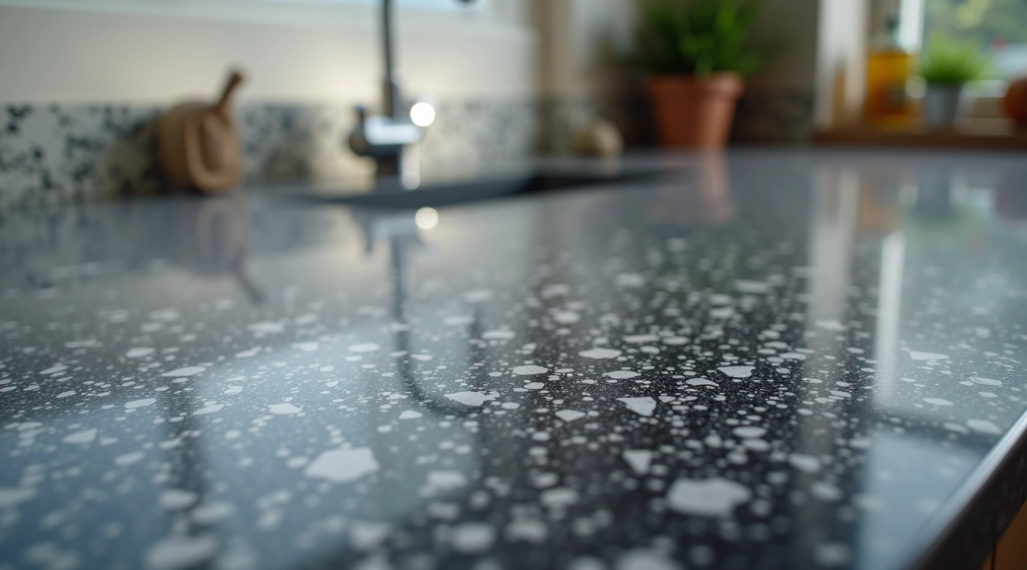 Close-up of granite countertop with natural veining and polished surface