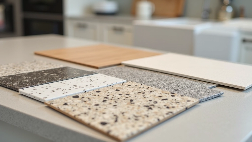 Various countertop material samples displayed side by side, including granite, laminate, quartz, and butcher block