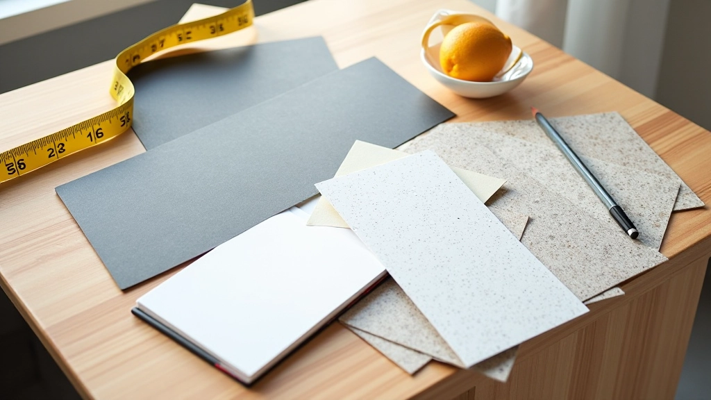 Kitchen renovation workspace with countertop samples, color swatches, and measuring tape