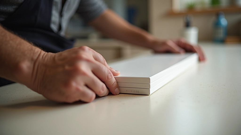 Laminate edge banding and trim being installed on countertop edge with professional tools