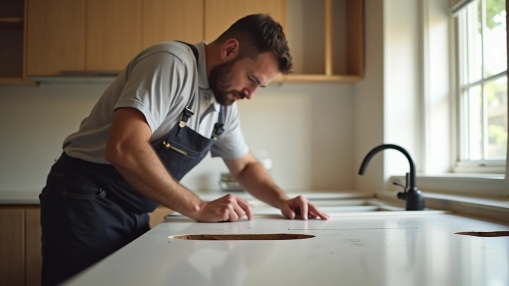 Modern kitchen renovation in progress showing countertop installation with contractor measuring and fitting materials