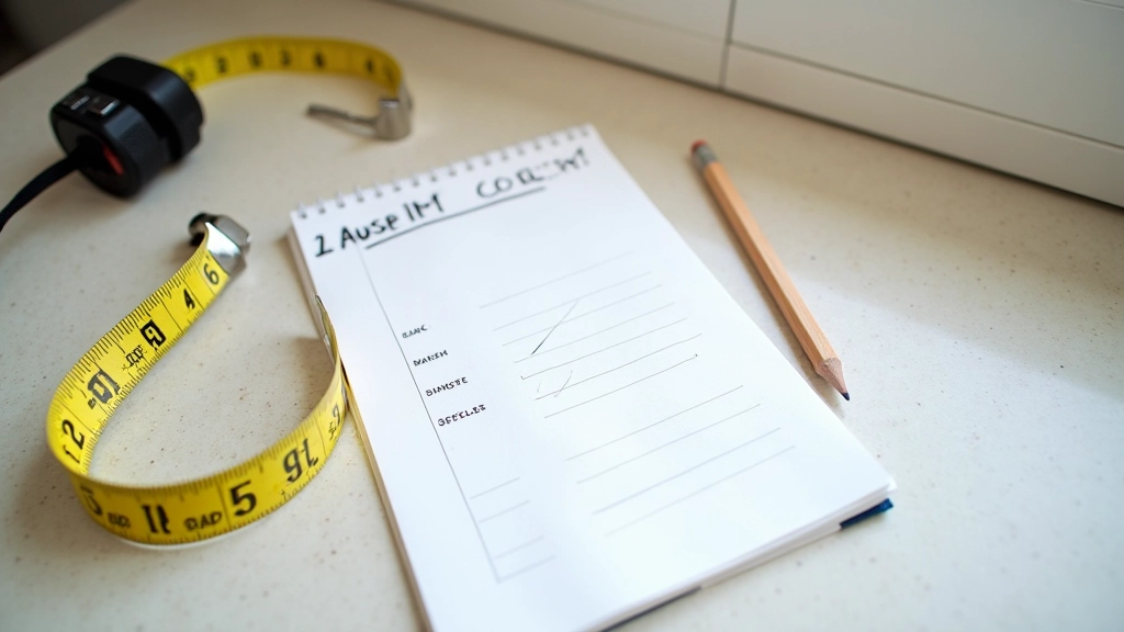 Measuring tape and notes on countertop, close-up of measurement process with pencil and paper