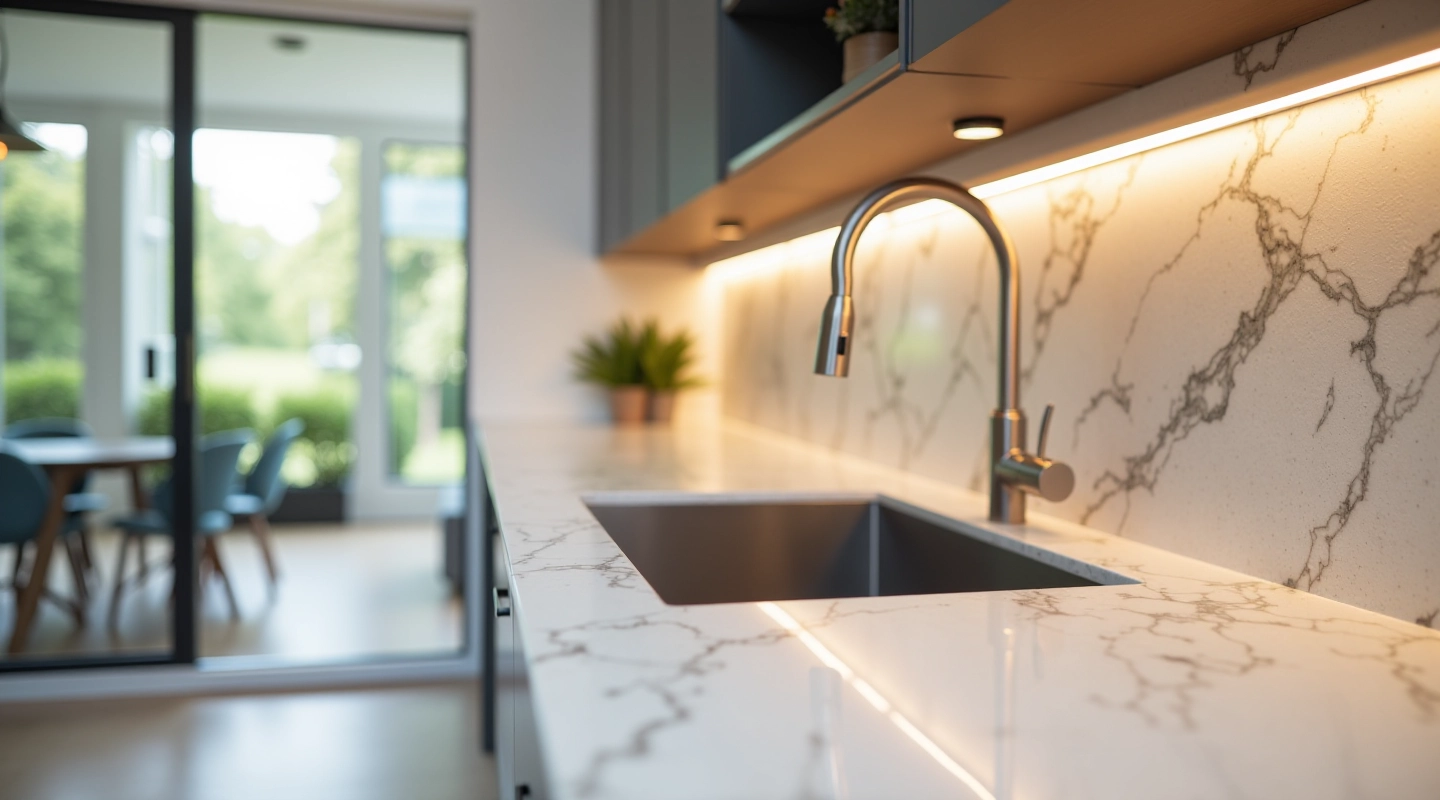 Modern kitchen with newly renovated countertops, showing granite surface with professional lighting