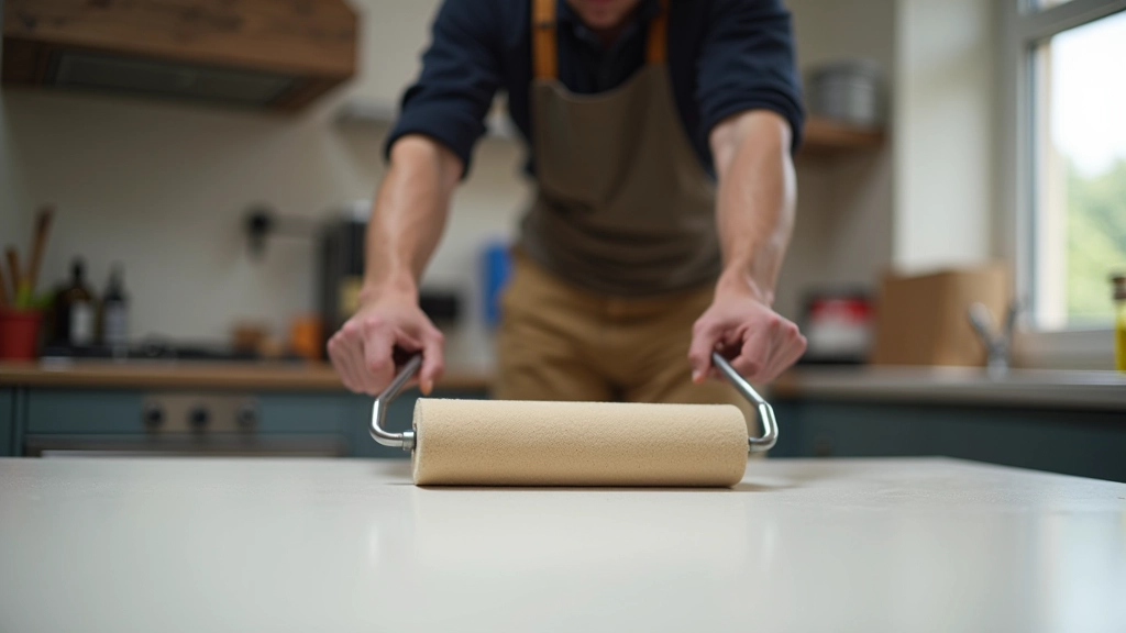 Floor roller being used on laminate countertop surface to compress adhesive bond