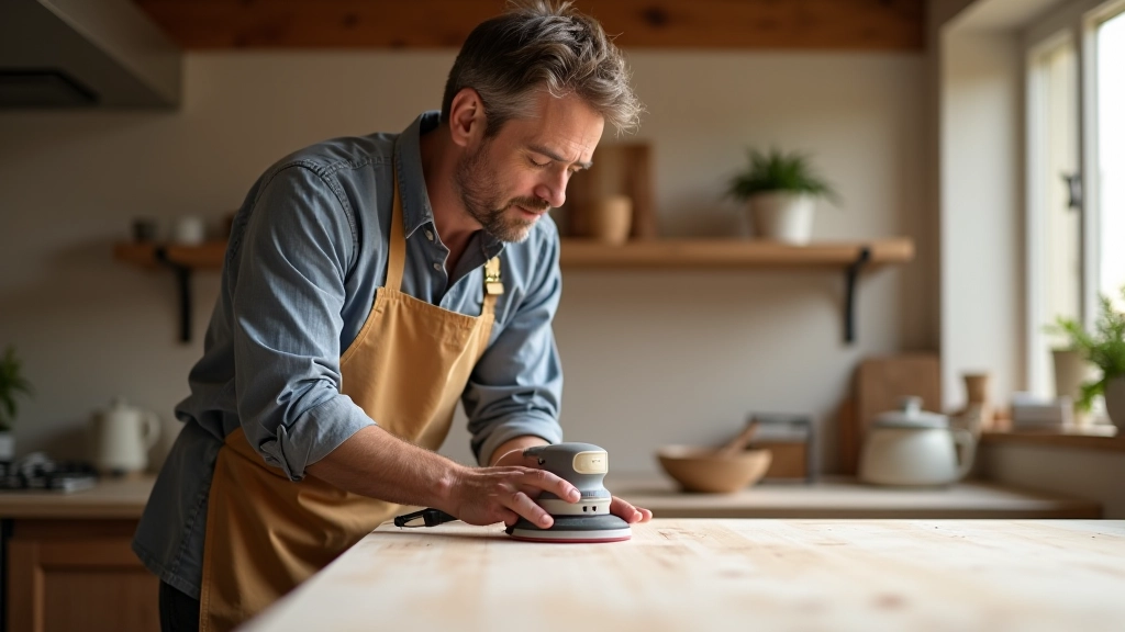 Preparing countertop surface with sanding and cleaning tools on wooden base