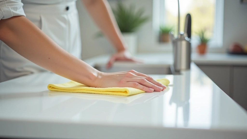 Kitchen countertop being cleaned with microfiber cloth, stainless steel sink visible, bright natural light