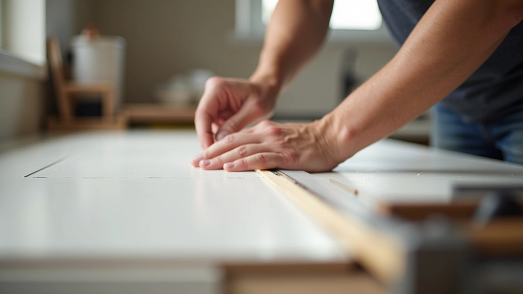 Hands installing laminate countertop with tools on wooden work surface